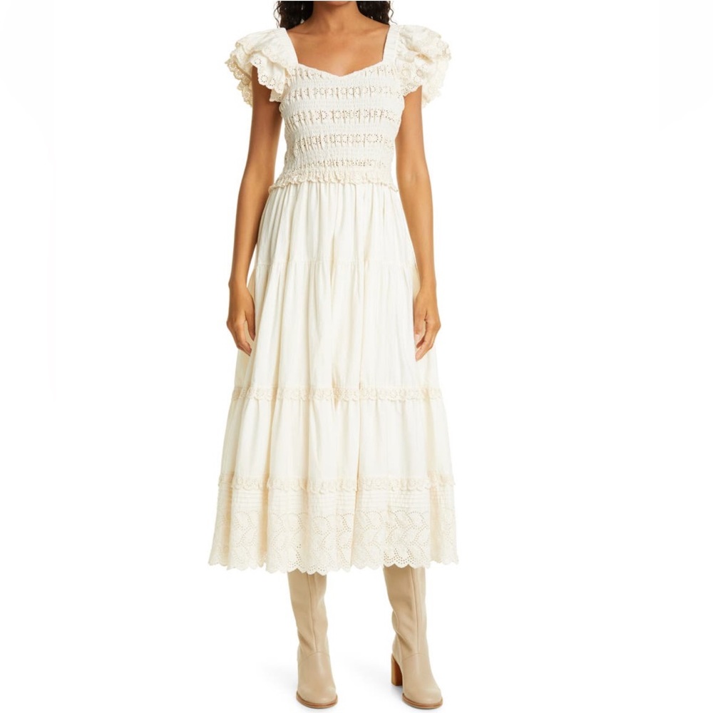 Sea Everleigh Eyelit Smocked Midi Dress M